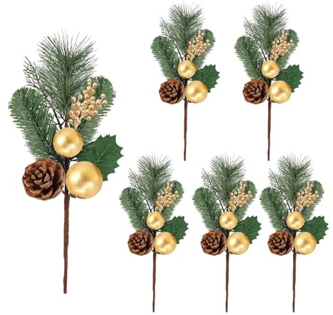 23GUANYI 6 Stück Künstliche Tannenzweige, 31 cm Goldene Weihnachtsdeko Aussen Innen, Grüne Tannenzapfen Deko Weihnachtssternblätter, Beerenzweig Künstlich Als Dekoration für Vasenfüller Kränze