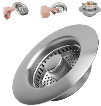 WOKICOR Colador para Fregadero de Cocina y tapón 3 en 1, Tapones Fregadero Cocina con válvula de Drenaje emergente, Acero Inoxidable Ø7,5–8,7 cm, Profundidad >40 mm