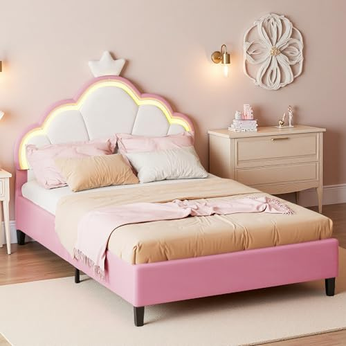 Klarheitswerk Girls Upholstered Bed Frame 135x190 cm with LED Lights, Kids Pink Cloud Shaped Bed Princess Bedroom Furniture for Small Room,Adjustable Headboard,Velvet(No Mattress) (Pink, 135x190 cm)