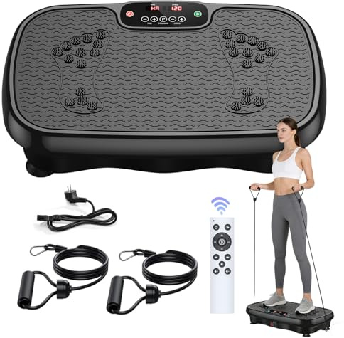 Plateforme Vibrante Perte de Poids, Plaque vibrante Fitness avec 120 Niveaux d’Intensité et 5 Programmes, avec Bandes de Résistance et Télécommande, Écran LED, Plateformes Vibrantes et Oscillantes