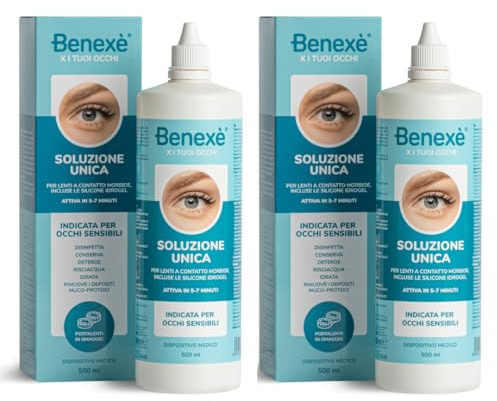 Benexè Soluzione Unica - per Lenti a Contatto morbide, incluse le Silicone Idrogel - attiva in 5-7 minuti - indicata per Occhi Sensibili - Dispositivo medico - 2 x 500 ml