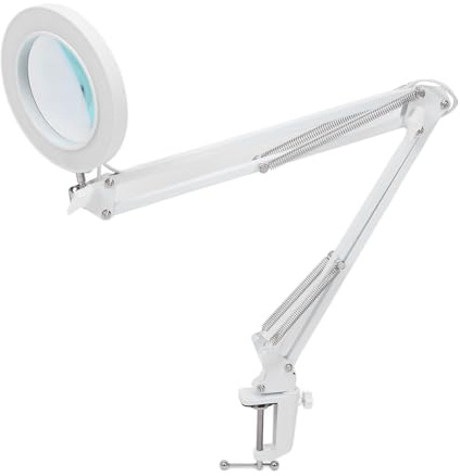 Cryfokt LED-förstoringslampa med 5X Förstoringslins för Läsning, Reparation och Skönhetsbehandlingar - Justerbar Skrivbordslampa för kontors- och Sovrumsbruk - Aluminium/Vit/72 St LED-lampor 10