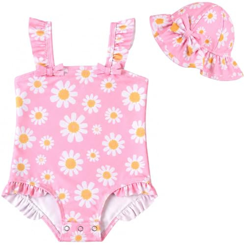 Bañador Bebé Protección Solar UPF 50+, 0-3 Añosraje De Baño Una Pieza para Niña con Gorro, Tejido Elástico Estampado Fresa & Flores, Playa y Piscina Verano -Green Sunflower-2-3Y