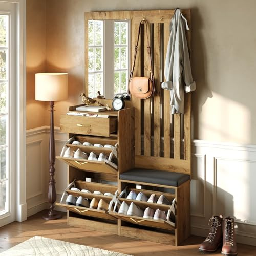PUGSDRLY Meuble d'Entrée Fin 26x99.5x180cm,Meuble Chaussure,Etagere Rangement Chaussure avec Miroir,3 Tiroirs à 2 Niveaux,Banc Rembourré,3 Crochets,Tiroir,pour Entree(D-Naturel)