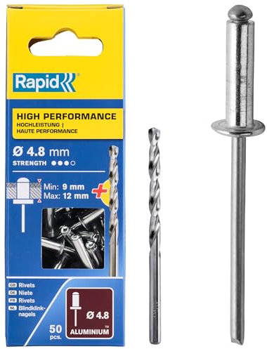Rapid Scatola da 50 Rivetti in Alluminio da Ø4.8 x 16 mm, Adatti a Fissare Parafanghi, Coperture in Metallo e Plastica, Segnaletica e Lamiere, Include una Punta per il Trapano (5000390)