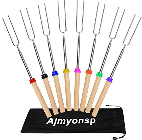 Ajmyonsp Marshmallows Roasting Sticks - Smores Sticks for Fire Pit Extras Long Extendable Smore Skewers Hot Dog Sticks for Campfires, 32 Inch Telescoping Forks Set of 8Pcs