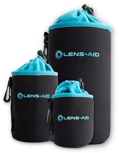 LENS-AID Neopren Objektivbeutel mit Fleece-Fütterung als Set oder einzeln Objektivtasche BZW. Köcher als Schutz für Objektiv, Blitz, Monitor, Kamera-Zubehör - 3er Set (S,M,L)