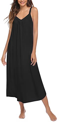 Ekouaer Womens Sleeveless Nightgown Full Slip Nightshirt Print Nightwear Full Length Loungewear Soft Nightdress Black