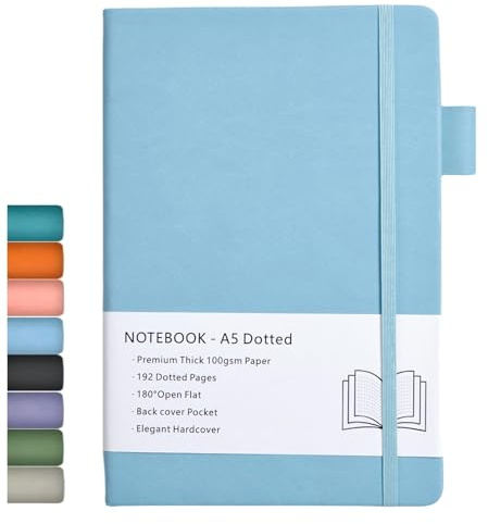 Dotted Journal, A5 Carnet Pointillé avec Papier épais de 100 gsm, Couverture Rigide, Poche Intérieure, Bande élastique, Couverture en Similicuir, 192 Pages, 14,5 x 21,3 cm (Bleu)