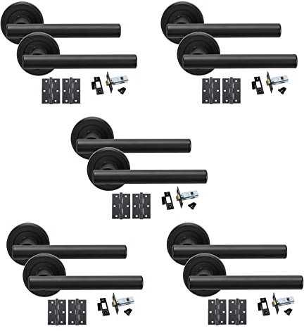 Golden Grace Straight T-Bar Design Door Handles on Round Rose in Matt Black Finish with Ball Bearing Hinges & 64mm Tubular Latch - 5 Sets