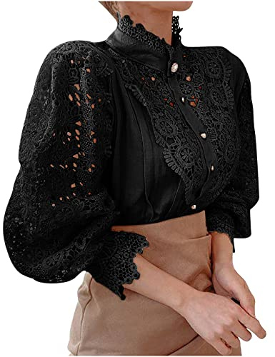 2023 Camiseta de Manga Larga Mujer Moda Colores sólido Blusa Encaje Elegante Camisa Cuello Alto Suelto Tops Fiesta Casual T-Shirt Original otoño Primavera Botones tee Cómodo Jersey