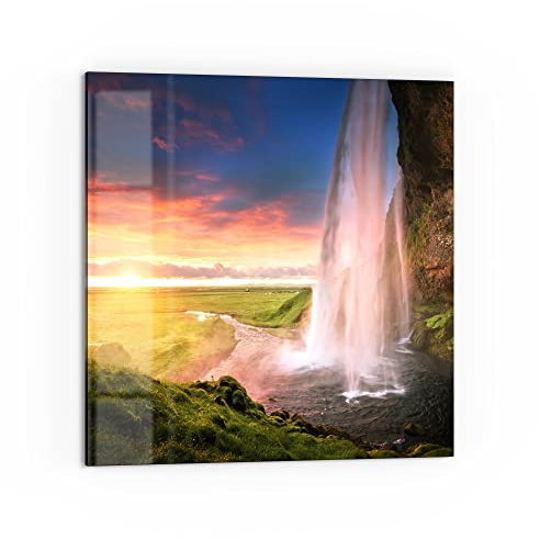 DEQORI Panel posterior de cocina de cristal, diseño Seljalandsfoss cascada, 60 x 60 cm, pared trasera para baño o cocina, protección contra salpicaduras para cocina y baño, decoración moderna para