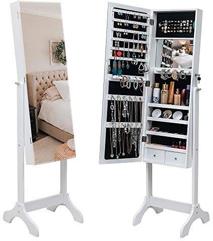 LEADZM Schmuckschrank Stehend, Standspiegel, Einstellbare Neigung, Freistehender Schmuckaufbewahrung Abschließbar mit Schmuckregal, Ablagen, Schmuck-Organizer, 47 x 40 x 152 cm, Weiß