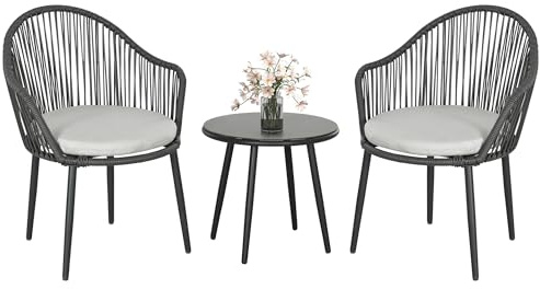 Outsunny Set Salotto da Giardino in Rattan 3 Pezzi, Salottino da Esterno con 2 Poltroncine con Cuscini e Tavolino da Caffè in Vetro, Grigio
