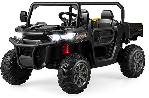 GOPLUS Auto elettrica per bambini a 2 posti, con letto pieghevole, pala e telecomando, musica, fari e baldacchino, 12 V, veicolo per bambini con funzione di avvio lento e cintura di sicurezza (nero)