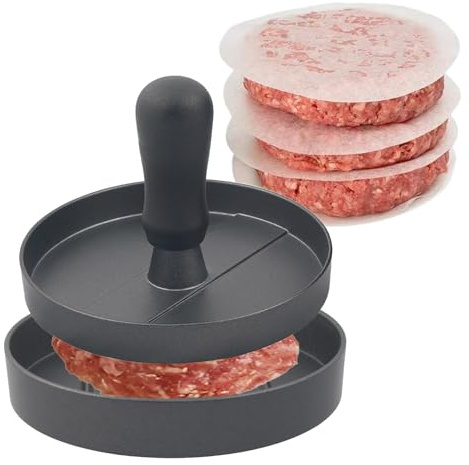 MoMoxi Aluminum Burger Press Patty Maker with 200 Non-Stick Papers - Commercial & Home Use, Hamburger Meat Press Tool, Dishwasher Safe (Black)
