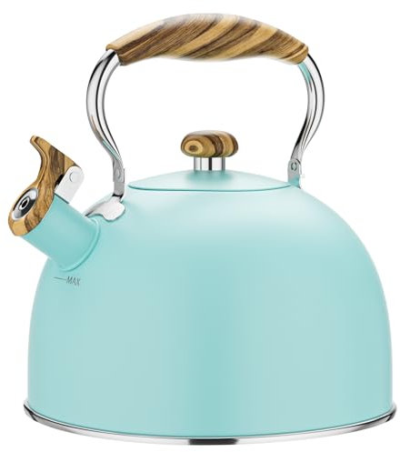Chefbar 2.6 Quart Tea Kettle Stovetop Whistling for Stove Top, Food Grade Stainless Steel Tea Kettles with Cool Wood Pattern Handle, Blue