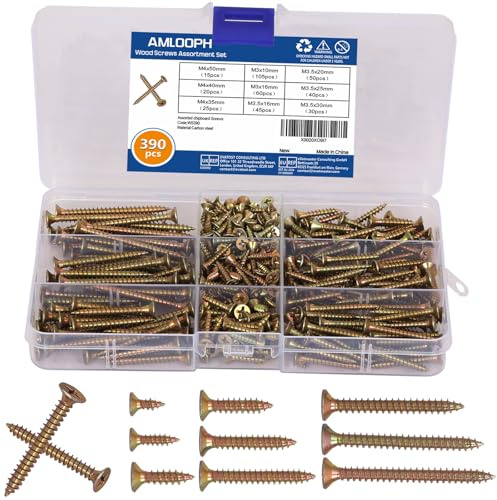 AMLOOPH Wood Screws Assortment, 390pcs Mixed Small Flat Head Self Tapping Screws For Wood, 10mm - 50mm Long Assorted Countersunk Galvanised Decking Screw Set Pack With Screw Box
