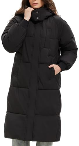 PUFFIT Donna Giacca Lunga Trapuntata con Cappuccio Invernale, Impermeabile, Antivento, Calda, Cappotto Trapuntato Imbottito da Signora con Grande Tasca, Nero , S