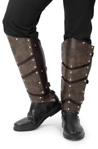 FURPHI Medieval Faux Leather Leg Armor Boot Covers Vintage Renaissance Knight Gaiters Mercenary Leg Guards Cosplay (Brown)