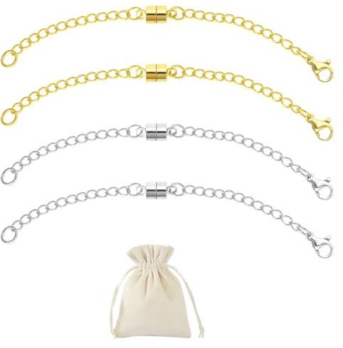 ASOMI 2 extensiones de cadena de plata y 2 piezas de oro para collares de 10 cm, con estuche, cierres magnéticos resistentes para collares