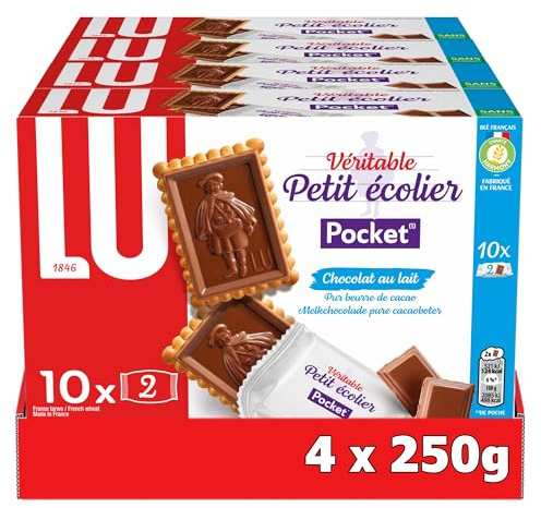 LU PETIT ECOLIER - 4 Boîtes de 10 Sachets de 2 Biscuits Petit Ecolier au Chocolat au Lait - Pack Familial - Lot de Biscuits au Chocolat - Idéal pour le Goûter - Fabriqué en France - Lot de 4x250g