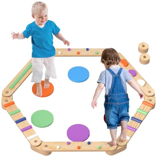 Qaba Kids Balance Beam, Wooden Balance Board with Stepping Stones, Gymnastics Obstacle Course for Toddlers 3-8 Years for Motor Skills Coordination, Indoor Outdoor Use