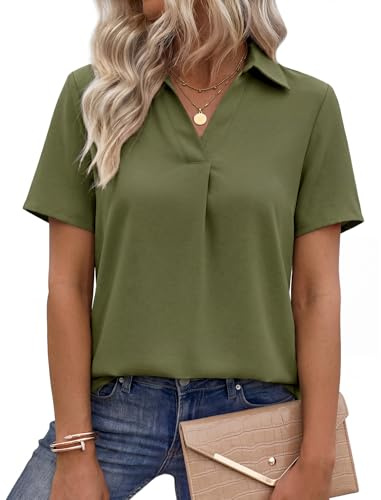 PASUDA Camicia Donna Estive Camicetta Manica Corta da Donna Blusa con Scollo a V Elegante Maglietta Casual Shirt da Lavoro Tinta Unita Classico Tops (Verde, M)