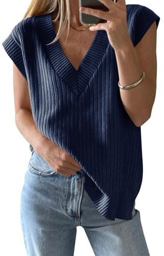 Saodimallsu Pull Femme Col en V Débardeur Surdimensionné Sans Manches Léger Tricoté Mi-Saison Élégant, bleu foncé, L