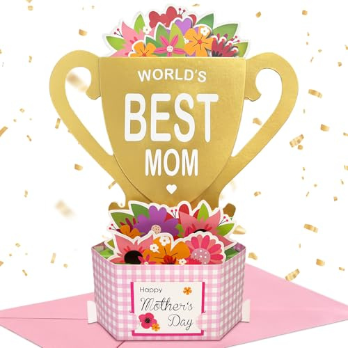Happivue Mothers Day Card, Pop Up Golden Trophy Mothers Day Gifts for Mum, Mothers Day Card from Daughter/Son, Floral Design Mothers Day Gifts