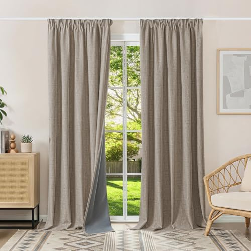 Runyéla Cortinas Salón de Lino 100% Opacas Termica Aislante con Cinta Fruncidora, 2 Paneles Cortina Corta Moderna para Dormitorio Blackout Curtains For Living Room 140x245 cm Lino