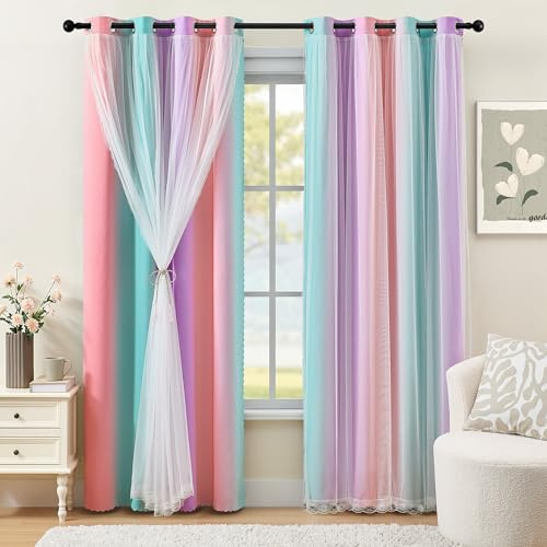 XiDi Girls Blackout Curtains for Bedroom 90 Inch Length 2 Panels | 2 Panels Double Layer with Sheer Overlay Rainbow Pink Purple Curtains Unicorn Princess Home Decor Eyelet Drape