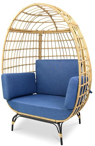 SereneLife Wicker Rattan Egg Chair with Cushions, Indoor Outdoor Egg Chair with Steel Frame and Washable Pillows, Woven Design, Comfortable Seating for Porch, Deck, Garden, or Room, 56 x 34 x 39