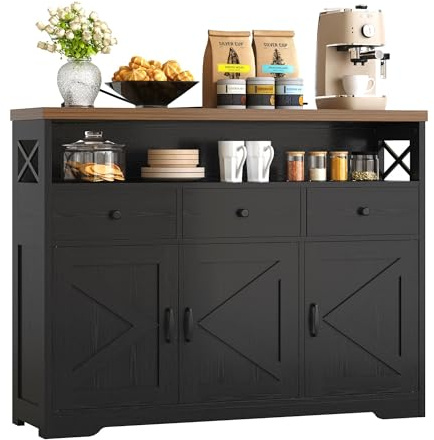 IRONCK Küchenschrank Sideboard mit Steckdose 2AC+1USB+1C, Aufbewahrungsschrank 3 Schubladen 3 Türen, Küchenbuffet Kaffeebar Schrank für Wohnzimmer Esszimmer, verstellbare Ablage 107x35x95cm (Schwarz)