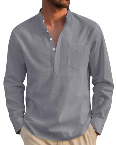 J.VER Linen Shirts Men Long Sleeve Regular Fit Casual Summer Beach Cotton Henley Shirt with Pocket