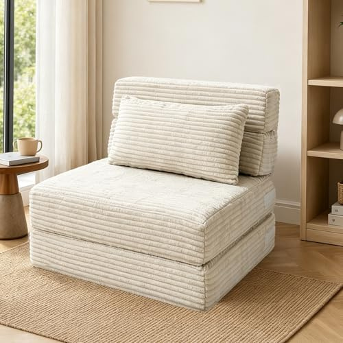 ANONER Sovfåtölj, bäddsoffa med sängfunktion, hopfällbar madrass med minnesskum och kudde, vikbar gästsoffa för vardagsrum, loft, gästrum, beige
