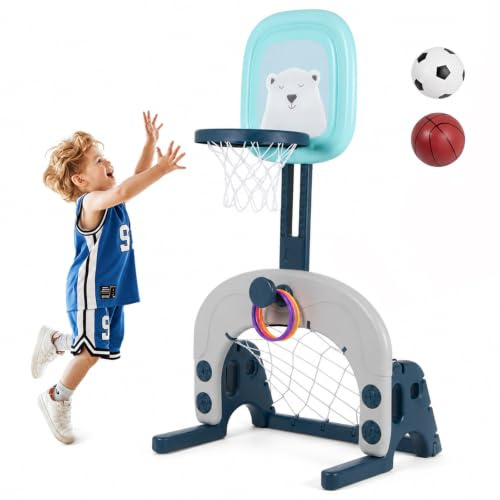 3-i-1 basketkorg-set för barn, höjdjusterbar sportaktivitetscenter med basket, fotboll och ringkastspel, inomhus-utomhusleksaker för pojkar och flickor från 3–6 år