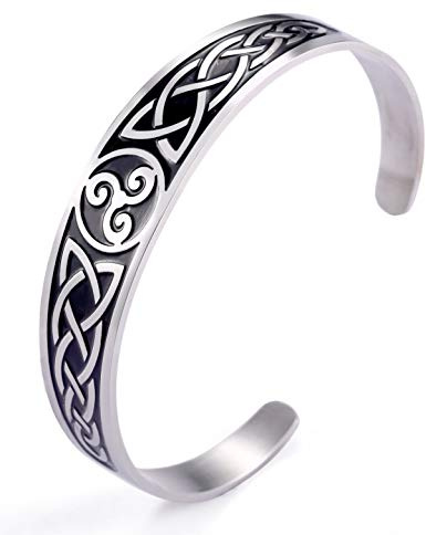 TEAMER Bracciale Nodo Celtico Bracciale Rigido in Acciaio Inossidabile Argento Scava Fuori Simbolo Vintage Amuleto Nordico Gioielli per Donna Uomo (Triskele, Nero)