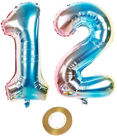 Globos de aire de 40 pulgadas con número 12 en arco iris para niñas, decoración de cumpleaños, número 12, globos de helio, número 12, globos de helio con números, tamaño XXL, 100 cm