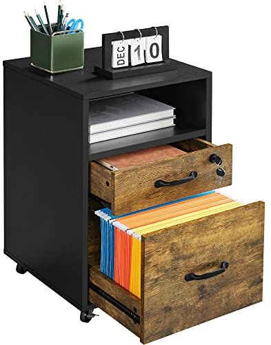 Yaheetech Mobile File Cabinets 2-Drawer Wood Filing Cabinet Mobile A4 Letter Size File Organization Unit Printer Stand for Home and Office, Black/Rustic Brown