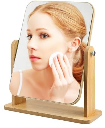 XFLYP Specchio da Tavolo in Legno per Trucco, Specchio da Tavolo Girevole a 360° con Supporto, Specchio per Bagno, Camera da Letto, Ufficio, Piccolo