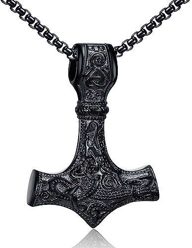 AFSTALR Wikinger Schmuck Herren Halskette Thors Hammer Halskette - Nordische Mythologie Mjolnir Wikinger Runen Hammer Edelstahl kette Viking Geschenke für Männer 50cm Schwarze