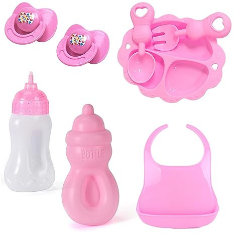 PFLYPF Juego de alimentación para muñecas de bebé de 8 piezas, equipado con 2 biberones, 2 chupetes, baberos, platos, cucharas, tenedores, accesorios para muñecas para niños y niñas
