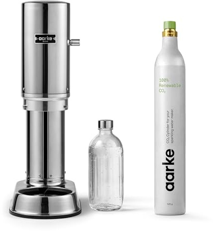 Aarke Carbonator Pro, Sparkling Water Maker with Glass Bottle, Steel Finish + 60 Litre Cylinder with Renewable CO2