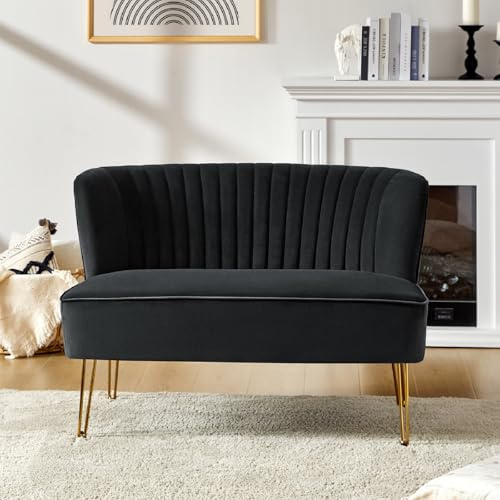 HULALA HOME 2 Seater Sofa, Velvet Upholstered Loveseat, Modern Couch with Golden Metal Legs for Living Room Apartment Small Spaces, BLACK