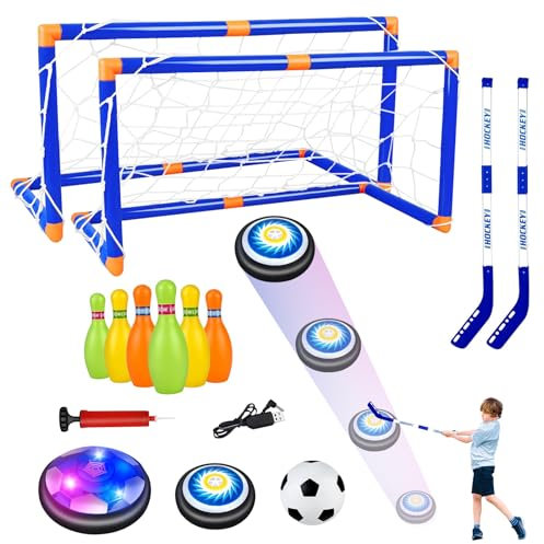 deAO Air Hockey Fußball Spielzeug, 4 IN 1 Wiederaufladbar Hover Hockey Fußball-Set mit 2 Fussball Tor, 2 Hockeyschläger, 6 Bowlingkugel, 2 LED Air Power Fußball, Geschenke für Weihnachten Geburtstag