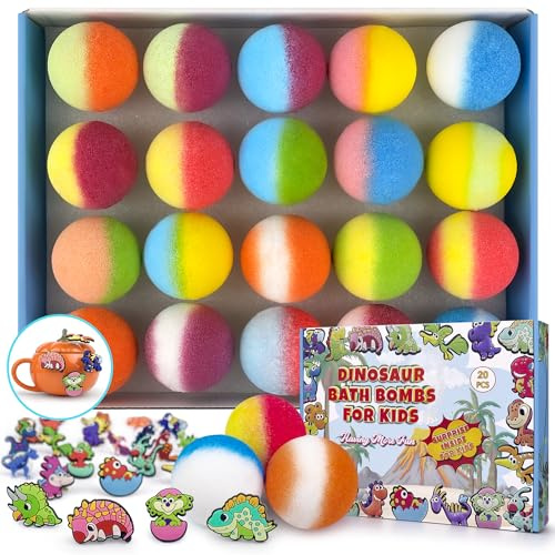 20PCS Bath Bombs with Dinosaur Suction Toys Inside, Colorful Bubble Fizzy for Toddlers, Natural Organic Bath Bombs for Girls and Boys at Birthday, Easter