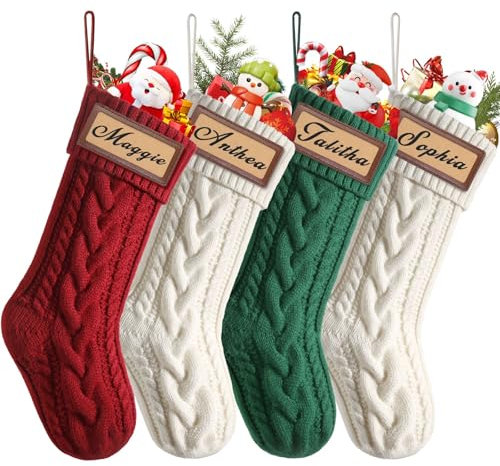Weldomcor 4 Stück Weihnachtsstrumpf, 46cm Große Kabel Gestrickt Weihnachtssocken Deko mit Namen Nikolausstrumpf zum Befüllen & Aufhängen für Kamin, Weihnachtsbaum, Schaufenster (Rot, Grün, Weiß)