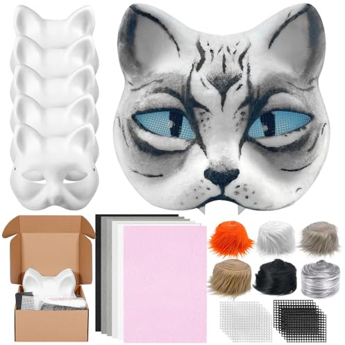 Draupnir 6 Pièces Therian Chat Masque, Papier Masques Vierges avec 6 Fourrure, 6 Feutre et 12 Filet œil, DIY Masque Blanc pour Bricolage Déguisements Halloween Carnaval Mardi Gras Party