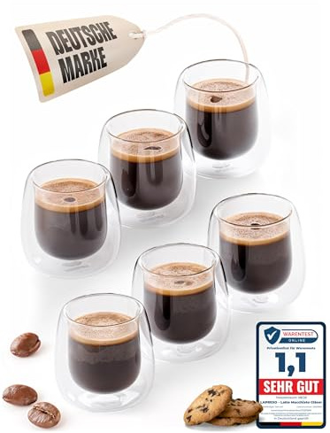 LAPRESO® Espressotassen doppelwandig 6er Set 80ml - Doppelwandige Kaffeegläser Espressogläser modernes Design Kaffeetassen aus Borosilikatglas